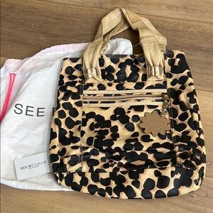 See By Chloe Black and Tan Leopard Print Leather Tote